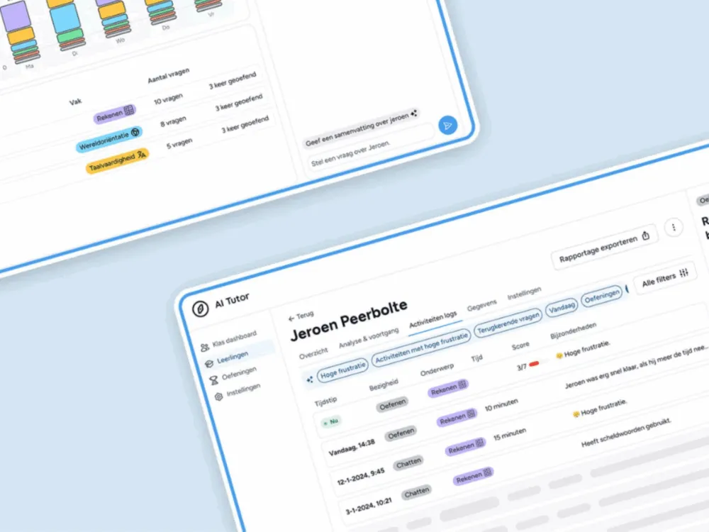 Twee digitale dashboardschermen met gegevenstabellen en gekleurde tags voor een AI-tutorplatform.