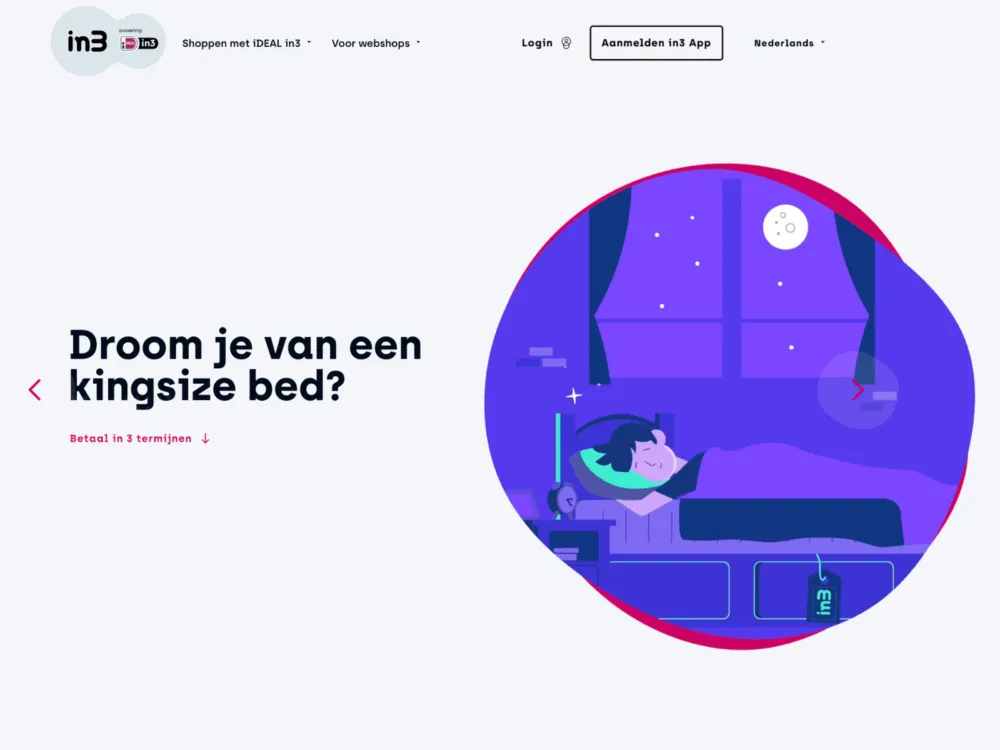 Illustratie van een persoon die 's nachts in een bed slaapt, met een maan en sterren buiten het raam.