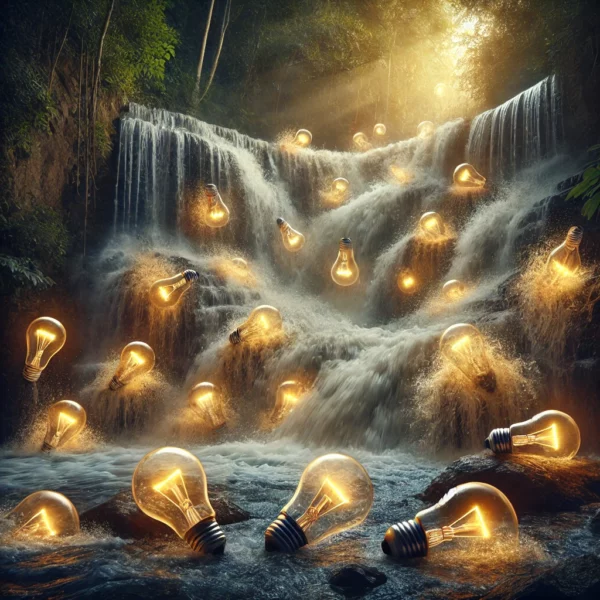 Een waterval met gloeiende lichtbollen die naar beneden stromen in plaats van water, omgeven door weelderig groen.