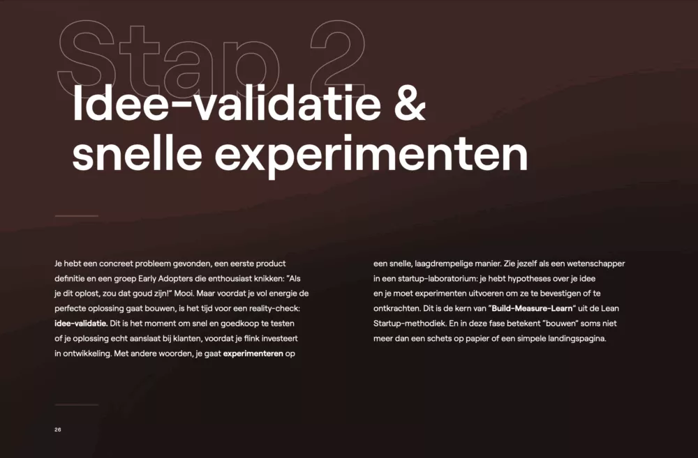 Donkere dia met Nederlandstalige tekst over ideevalidatie en snelle tests uit het innovatiehandboek (stap 2).