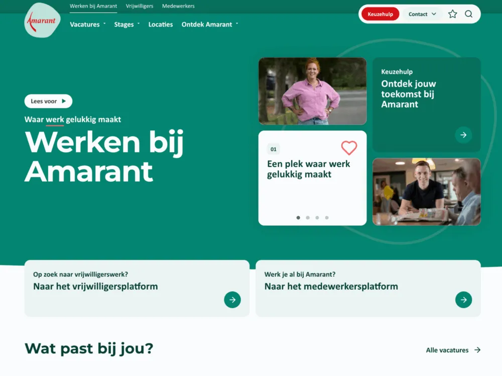 Screenshot van de vacaturepagina van Amarant, met foto's en navigatieknoppen.