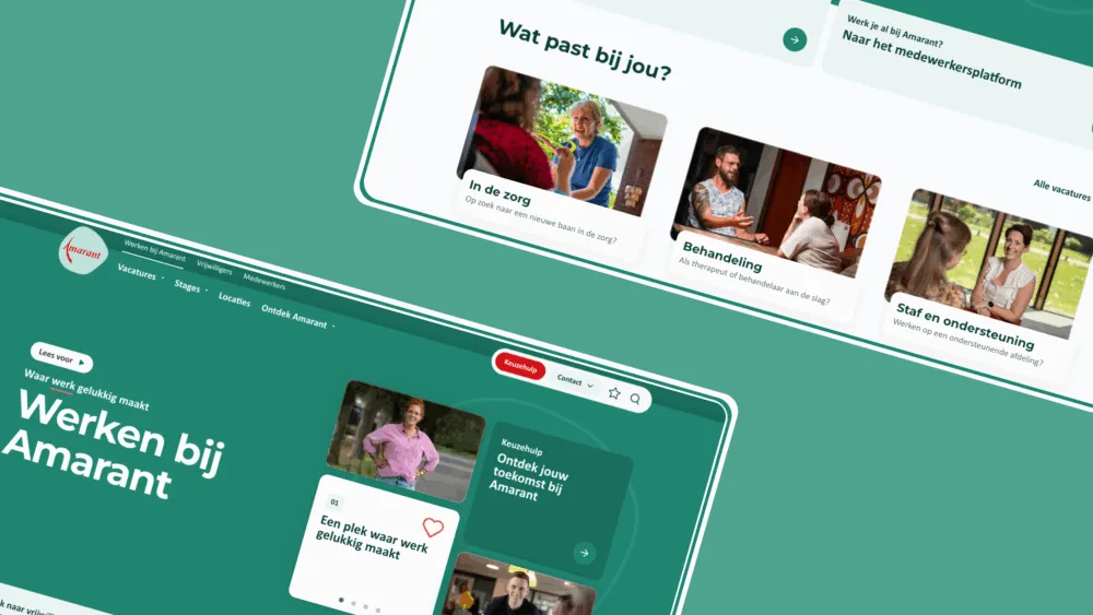 Twee Nederlandse website schermen met dempact functiecategorieën en Amarant loopbanen met afbeeldingen van mensen.
