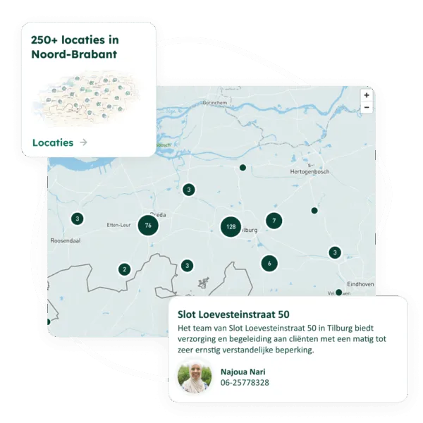 Een kaart van Noord-Brabant met locatiemarkers en de Amarant-locatie gemarkeerd in Tilburg.