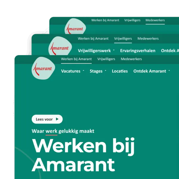 Website header voor Werken bij Amarant met amarant branding en Nederlandse navigatiemenu's.