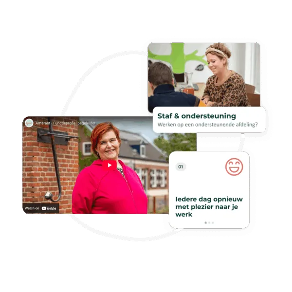 Glimlachende vrouw in amarant roze staat buiten; personeelsbijeenkomst en positieve werkboodschap erboven.